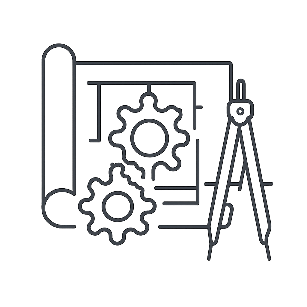:A clipboard, gear, and compass are depicted.
